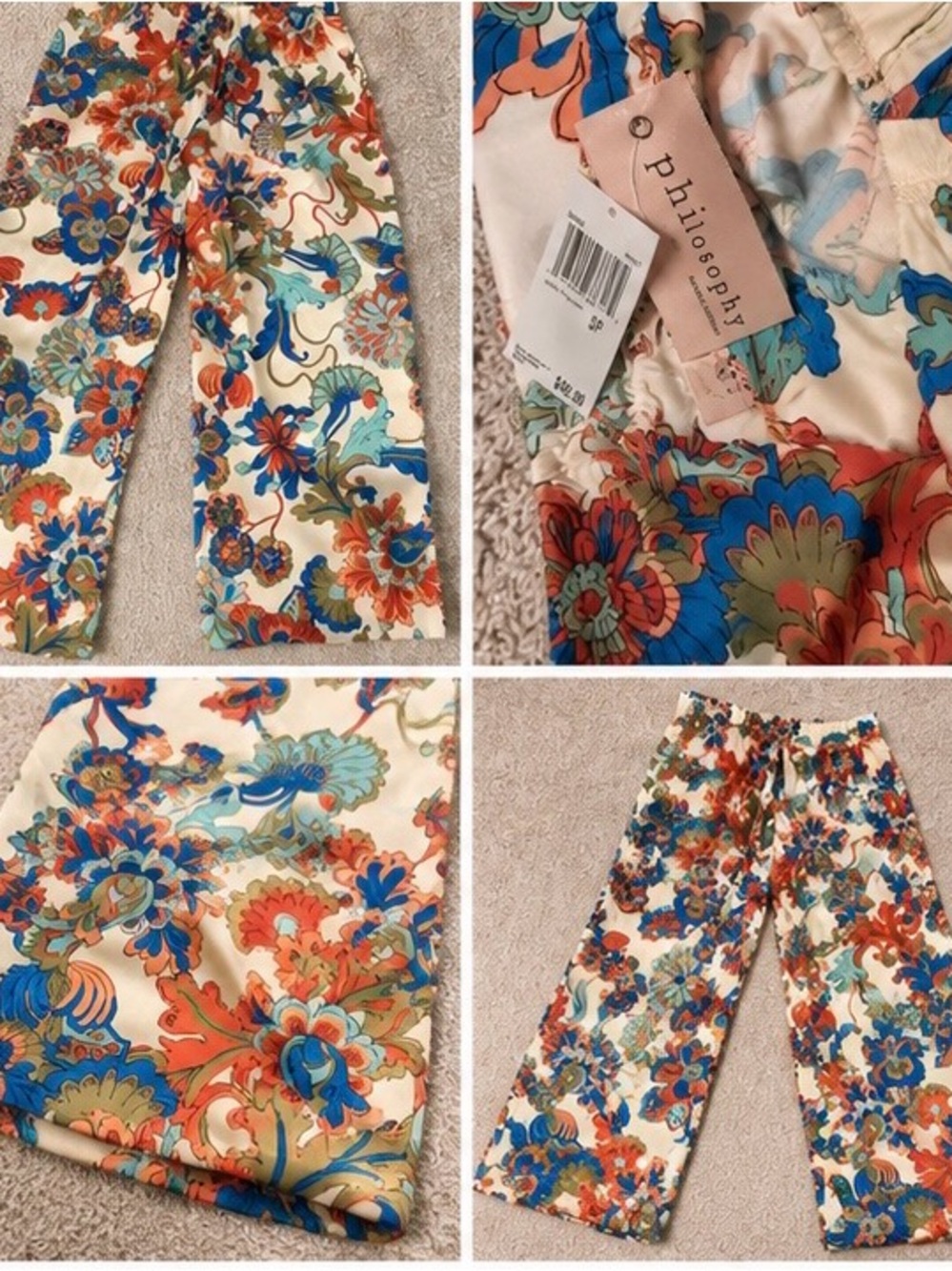 Philosophy Cream Wide-Leg Floral Pants with Blue & Orange Print